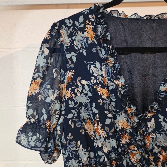 Floral Tiered Maxi Dress Navy Blue Brown Ruffle V-Neck Flutter Sleeve Size XL - Picture 2 of 10